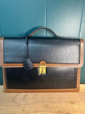 Vintage BALLY Italy Leather Briefcase Black Brown Executive Document Bag Brass